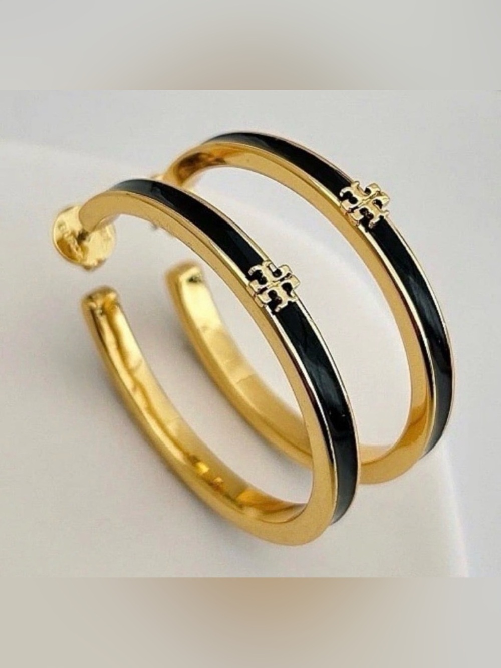 Tory Burch Gold LargeHoop Earrings with Black Enamel - Picture 4 of 6